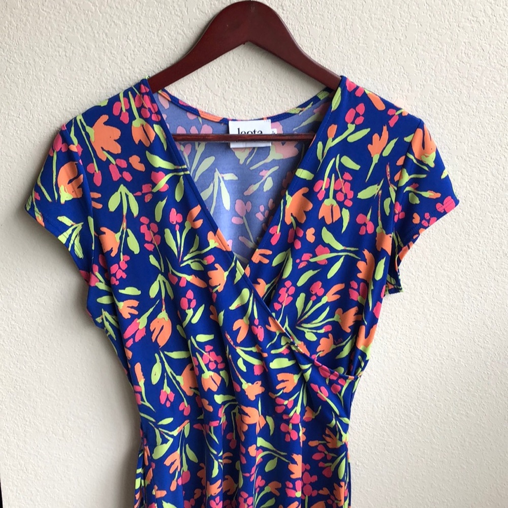 Leota Blue Floral Faux Wrap Tie Waist Dress-Sz. L